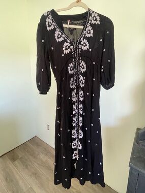 Free People Black Maxi Dress with White Floral Embroidery